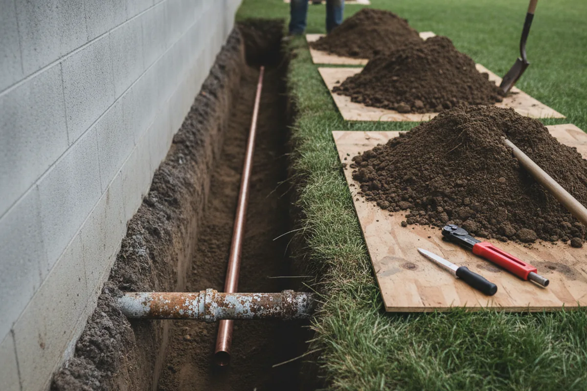 Excavated water line trench during Sewer Line Repair in Pana